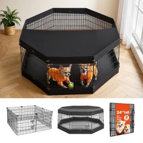 Dog Playpen 24 Inch 8 Panels Exercise Pen with Top Cover & Bottom Pad, Indoor Foldable Metal Pet Fence with Door