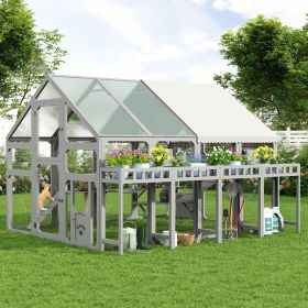 Large Outdoor Cat House with Planter Stand, Wooden Cat Enclosure with Resting Boxes for Multiple Kittens, Hanging Bridge, Platforms (Color: Grey)